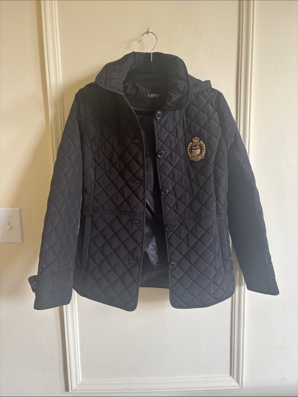 Lauren Ralph Lauren Black Quilted Pea Coat with Gold Crest Patch